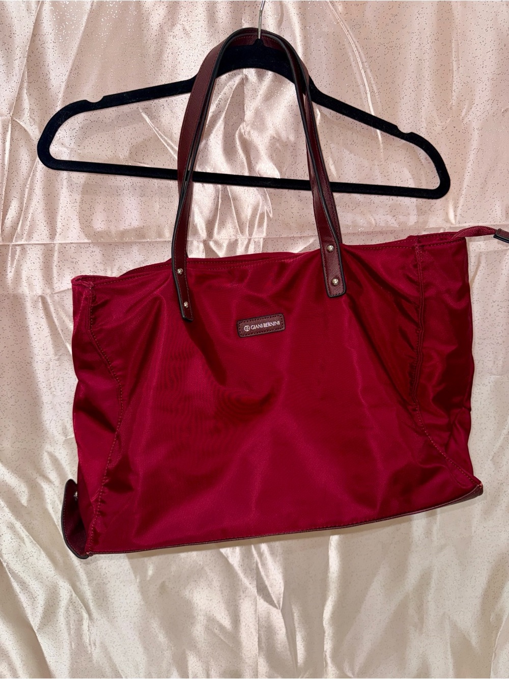 Giani Bernini Burgundy Nylon Shoulder Tote Bag with Faux Leather Trim